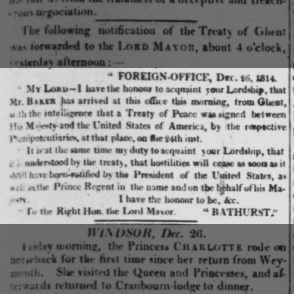 News of the signing of the Treaty of Ghent arrives in Britain