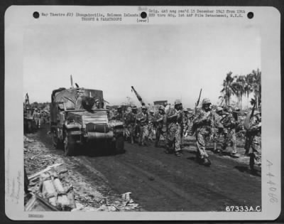 Thumbnail for General > Marines Marching Back From The Front On Bougainville, Solomon Islands, Where They Had Been Fighting Japs A Short Distance Back In The Jungle.  1943.