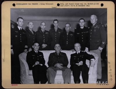 Groups > Left To Right, Back Row: Unidentified French Officer, Major General John K. Cannon, Major General Ira C. Eaker, Brig. General Hoyt S. Vandenberg, Major General James Doolittle, General Beauve, And Colonel H. B. Willis. Left To Right, Front Row: General Me