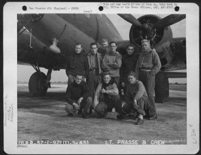 Consolidated > Crew Of The 407Th Bomb Sqdn, 92Nd Bomb Group, Beside A Boeing B-17 "Flying Fortress" After Being Rescued And Brought To An Airbase In England.  11 September 1943.  Standing, Left To Right Are: S/Sgt. Rowaldn Galloway; T/Sgt. Lawrence E. Dennis; S/Sgt. Joe