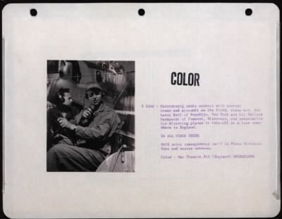 Thumbnail for NAGA Head Hunters > Maintaining Radio Control With Control Tower And Aircraft On The Field, These Men, Cpl. Larry Roth And Cpl. Wallace Merquardt Are Responsible For Directing Planes To Take Off At A Base Somewhere In England.