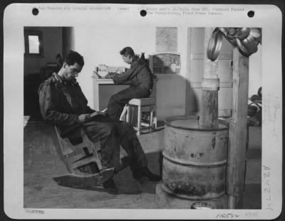 Thumbnail for Consolidated > Front, Cpl. James N. Hodder, Baldwin, Ny, Rear, Cpl. King P. Helton, Huntsville, Ala., In Their Two Room Villa.  Desk, Rocker, Chest And Tool Were Made From Bomb Packing Case.  Italy.