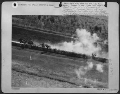 Consolidated > Two Horses Dragging A German Artillery Piece, Break Into A Full Run During A Machine Gun Attack By Republic P-47 Thunderbolts, As The Huns Retreat Northwest Of Bologna, Italy.  Later Reports Indicated That The Animals Were Killed And The Gun Damaged By Th