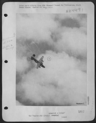 Consolidated > This Striking Aerial Photograph Was Snapped By An Alert Combat Crew Cameraman, Sgt. Max Shapoff, Of New York City, As One Of The 15Th Aaf Consolidated B-24 Liberators Crashed Somewhere In German-Held Territory.  The Ship Was Hit By Flak. This Photo Reveal