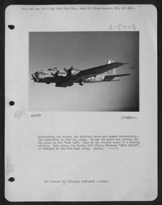 Thumbnail for Consolidated > Approaching the target, the bomb-bay doors are opened electrically. The bombardier is over his sight. He and the pilot are guiding the big plane on the "bomb run." This is the curcial point of a bombing mission. This plane, the Boeing B-17 Flying