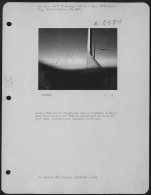 Thumbnail for Consolidated > Deadly Flak Bursts Dangerously Near A Formation Of The 381St Bomb Group Boeing B-17 "Flying Fortress" En Route To Bomb Enemy Installations Somewhere In England.