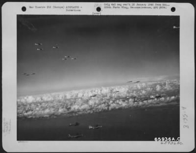 Thumbnail for Consolidated > A Large Formation Of Boeing B-17 Flying Fortresses Of The 381St Bomb Group En Route To Bomb Enemy Installations Somewhere In Europe.