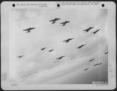 Thumbnail for Consolidated > A Large Formation Of Boeing B-17 Flying Fortresses Of The 381St Bomb Group En Route To Bomb Enemy Installations Somewhere In Europe, Is Silhouetted Against The Sky.