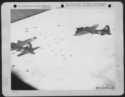 Thumbnail for Consolidated > A Heavy Overcast Covers The Land Below As Boeing B-17 Flying Fortresses Of The 381St Bomb Group Wing Their Way Toward The Target In Enemy-Occupied Territory.  Europe.