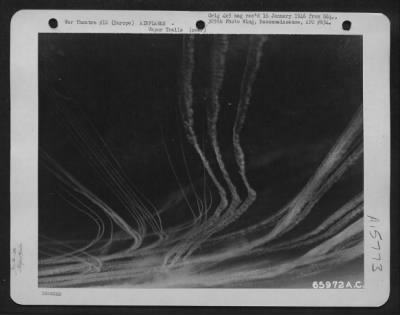Consolidated > Vapor Road To Victory - Boeing B-17 Flying Fortresses Of The 381St Bomb Group, En Route To Bomb Enemy Installations, Etch Fleecy Vapor Trails In The Substratosphere Over Europe.