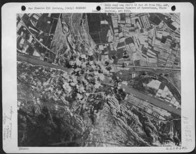 Consolidated > Boeing B-17 Flying Fortresses Of The 419Th Bomb Squadron, 301St Bomb Group, 15Th Air Force, Blast Railroad Bridge At Avisio, Italy, On 24 April 1944.  (Altitude 22,000 Feet.)