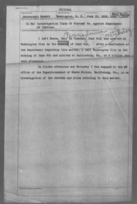 Miscellaneous Files, 1909-21 > Investigation Claim of Pennsylvania against the Department of Justice (#30214)