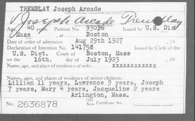1927 > TREMBLAY Joseph Arcade