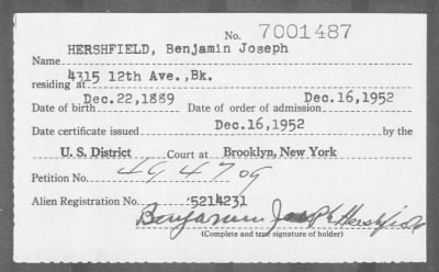 1952 > HERSHFIELD, Benjamin Joseph