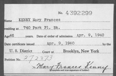 Thumbnail for 1940 > KENNY Mary Frances