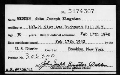 Thumbnail for 1942 > WEDDEN John Joseph Kingston