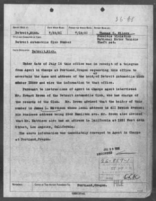 Bureau Section Files, 1909-21 > Possible Viol. Dyer Act (#26859)