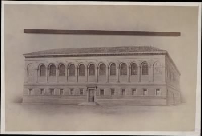 Thumbnail for Trustees' McKim Construction Photos > Architect's rendering of the McKim Building with measuring stick for scale