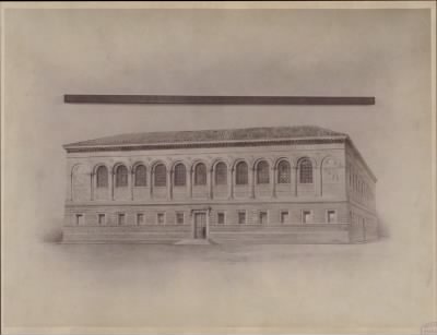 Thumbnail for Trustees' McKim Construction Photos > Architect's rendering of the McKim Building with measuring stick for scale