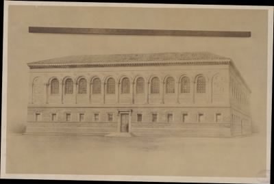 Thumbnail for Trustees' McKim Construction Photos > Architect's rendering of the McKim Building with measuring stick for scale