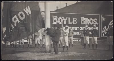 McGreevey Collection > Jimmie Collins Raising Championship Flag, Opening Day