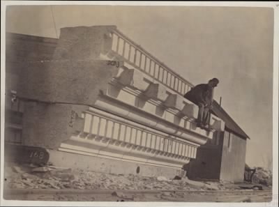 Thumbnail for Trustees' McKim Construction Photos > Cornice stone at Milford Quarry, construction of the McKim Building