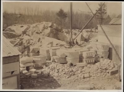 Thumbnail for Trustees' McKim Construction Photos > Cornice stone at Milford Quarry, construction of the McKim Building