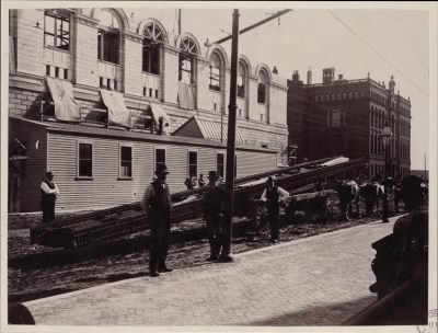 Thumbnail for Trustees' McKim Construction Photos > Arrival of Girder P at work site, construction of the McKim Building