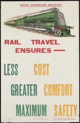 Thumbnail for Travel Posters > Rail travel ensures--less cost, greater comfort, maximum safety