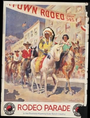 Thumbnail for Travel Posters > Rodeo Parade. In the Montana-Wyoming dude ranch country