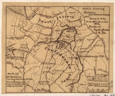 Thumbnail for Spotsylvania Court House, Battle of > Sketch showing positions and entrenchments of the Army of N. Va. from May 9th to 21st 1864, battles of Spotsylvania C.H., Va. / made by Jed. Hotchkiss, Top. Eng., 2nd Corps, A.N. Va., from sketches during and after the engage