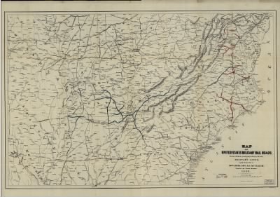 Thumbnail for Railroads > Map of United States military rail roads, showing the rail roads operated during the war from 1862-1866, as military lines under the direction of Bvt. Brig. Gen. D. C. McCallum, Director and General Manager.