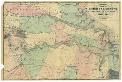 Peninsular Campaign > Johnson's map of the vicinity of Richmond and Peninsular Campaign in Virginia : showing also the interesting localities along the James, Chickahominy, and York Rivers / compiled from the official maps of the War Dept. by John