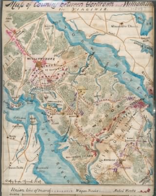 Peninsular Campaign > Map of country between Yorktown and Williamsbu[rg] in Virginia.