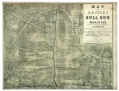 Bull Run, 1st Battle of (Manassas) > Map of battles on Bull Run near Manassas, 21st of July 1861 : on the line of Fairfax & Prince William Co[unti]es in Virginia, fought between the forces of the Confederate States and of the United States of America / made from