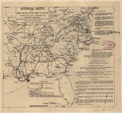 United States, war maps > Historical sketch of the war for the Union showing the lines of demarcation, important movements and battles in each year from 1861 to the close of the war in 1865.