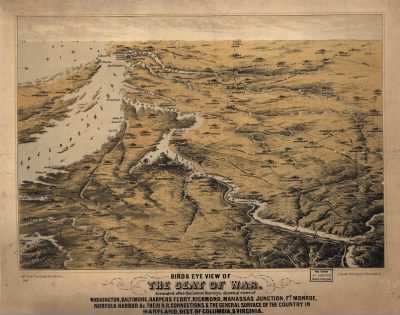 Middle Atlantic States, seat of war > Birds eye view of the seat of war. Arranged after the latest surveys, showing views of Washington, Baltimore, Harpers Ferry, Richmond, Manassas Junction, Ft. Monroe, Norfolk Harbor &c. their r.r. connections, & the general su