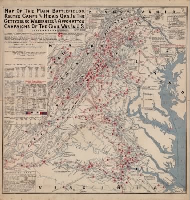 Gettysburg and Appomattox > Map of the main battlefields, routes, camps and head qrs., in the Gettysburg, Wilderness and Appomattox campaigns of the Civil War in U.S. Compiled and published by Joshua Smith, 1st Lieut., Co. K, 20th Pa.' Cav., 2nd Brig.,