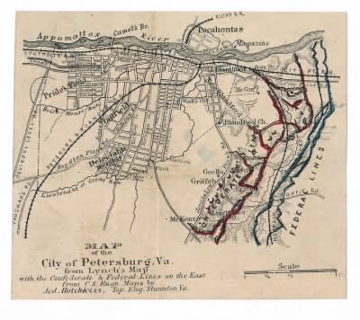 Petersburg > Map of the city of Petersburg, Va. : from Lynch's map : with the confederate & federal lines on the east / from C.S. Engr. maps by Jed. Hotchkiss, Top. Eng. Staunton, Va.