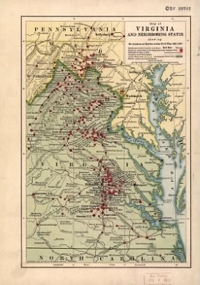 Middle Atlantic States, battles > Map of Virginia and neighboring states showing the location of battles in the Civil War 1861-1865.