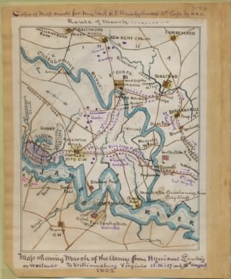 Harrison's Landing (Charles City County) > Map shewing [sic] march of the [U.S.] Army from Harrison's Landing or Westover to Williamsburg, Virginia, 15th, 16th, 17th and 18th August.