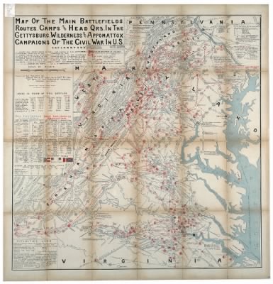 Gettysburg and Appomattox > Map of the main battlefields, routes, camps and head qrs., in the Gettysburg, Wilderness and Appomattox campaigns of the Civil War in U.S. / compiled and published by Joshua Smith, 1st Lieut., Co. K, 20th Pa.' Cav., 2nd Brig.
