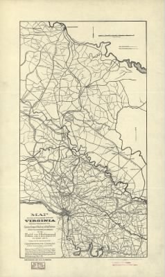 Thumbnail for Richmond > Map of a part of the eastern portion of Virginia showing the route of the Cavalry Corps of the Army of the Potomac under Major General P.H. Sheridan on the raid to Richmond in May 1864 : together with the route followed by th