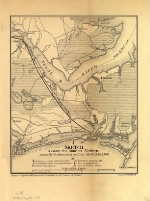Newbern > Sketch showing the route to Newbern, pursued by the Burnside expedition, March 13 & 14, 1862 Bowen & Co., lith., Philada.