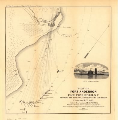 Fort Anderson > Plan of Fort Anderson, Cape Fear River, N.C. showing the line of attack by the gun-boats February 18th 1865 under Rear Admiral D. D. Porter, when the rebels evacuated under a heavy fire. Three hundred and eighty shells an hou