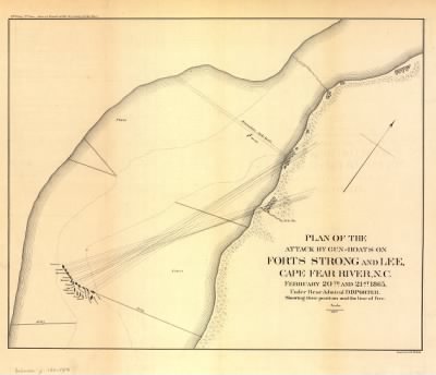 Fort Davis and Fort Lee > Plan of the attack by gun-boats on Forts Strong and Lee, Cape Fear River, N.C. February 20th and 21st 1865 under Rear Admiral D. D. Porter. Showing their position and the line of fire. Bowen & Co., lith., Philada.