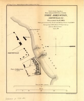 Fort Johnson > Fort Johnston, Smithville, N.C. Evacuated Jan 16, 1865. Taken possession of by naval and military forces Jan. 17, 1865. Surveyed by J. S. Bradford, U.S. Coast Survey, A.D.C. to Admiral Porter. Bowen & Co., lith., Philada.