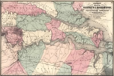 Peninsular Campaign > Johnson's map of the vicinity of Richmond, and Peninsular Campaign in Virginia : showing also the interesting localities along the James, Chickahominy and York rivers / compiled from the official maps of the War Department by