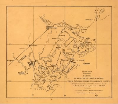 Savannah River to Ossabaw Sound > Sketch of a part of the coast of Georgia from Savannah River to Ossabaw Sound showing the relative positions of the U.S. Iron clad steamer Montauk & the rebel Fort McAllister during the bombardment of Feb 1st 1863. Prepared u