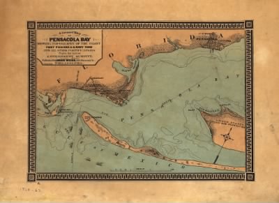 Pensacola Bay > A correct map of Pensacola Bay showing topography of the coast, Fort Pickens, U.S. Navy Yard, and all other fortifications from the latest Government surveys. J. Weiss lith.